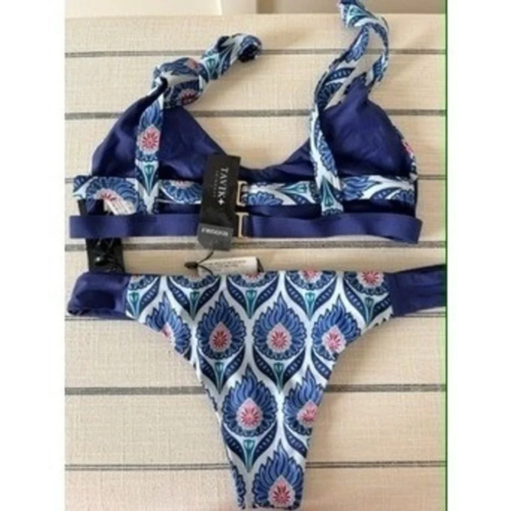 Tavik Swimwear Womens Blue Floral Geometric Bikini Set Two Piece Swimsuit NWT S